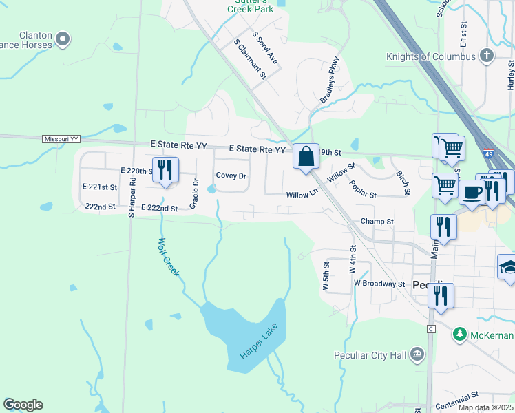 map of restaurants, bars, coffee shops, grocery stores, and more near 223 Shari Drive in Peculiar