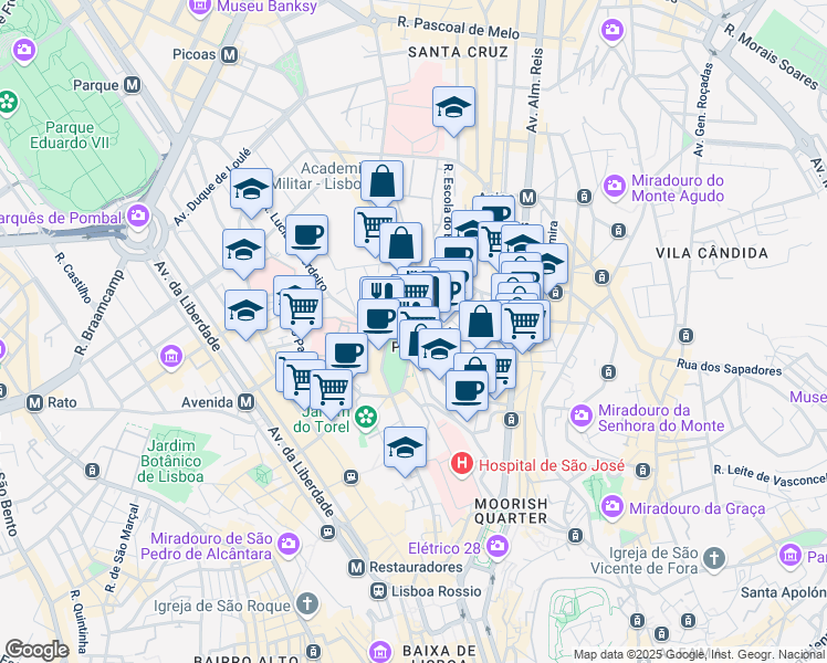 map of restaurants, bars, coffee shops, grocery stores, and more near in Lisboa