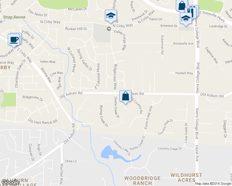 map of restaurants, bars, coffee shops, grocery stores, and more near Old Auburn Rd & Ridgecrest Way in Roseville