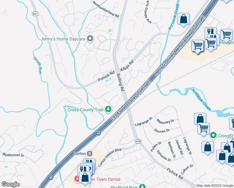 map of restaurants, bars, coffee shops, grocery stores, and more near 7704 Hickory Glen Way in Springfield