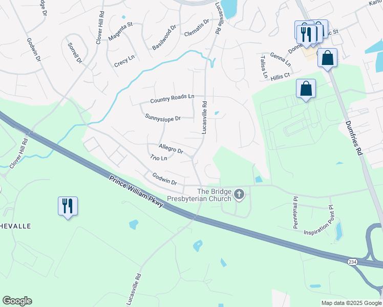 map of restaurants, bars, coffee shops, grocery stores, and more near 9480 Allegro Drive in Manassas