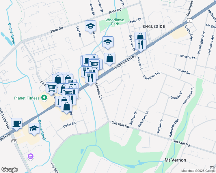 map of restaurants, bars, coffee shops, grocery stores, and more near 8742 Walutes Circle in Alexandria