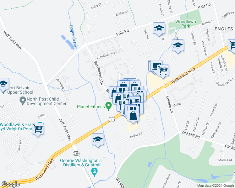 map of restaurants, bars, coffee shops, grocery stores, and more near 5390 Bedford Terrace in Alexandria