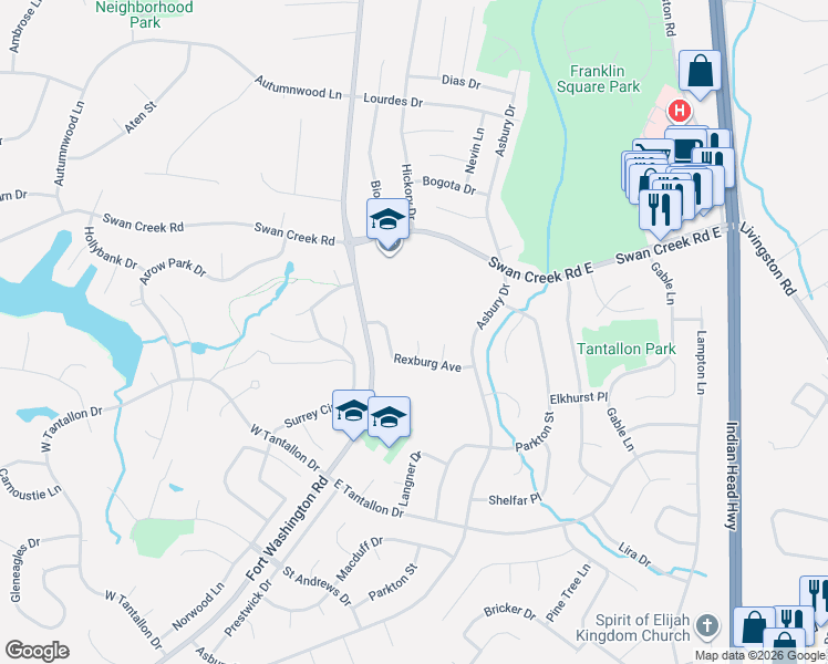map of restaurants, bars, coffee shops, grocery stores, and more near 12201 Dillard Place in Fort Washington