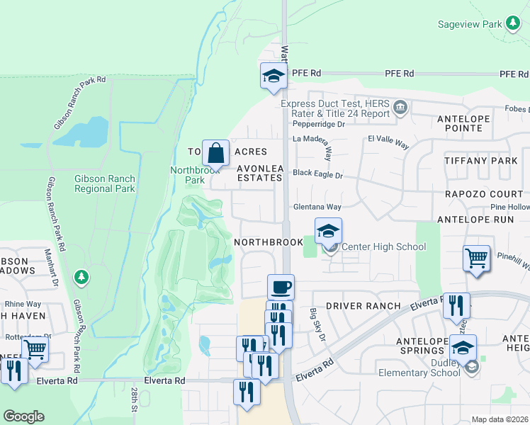 map of restaurants, bars, coffee shops, grocery stores, and more near 8415 Nandina Way in Antelope