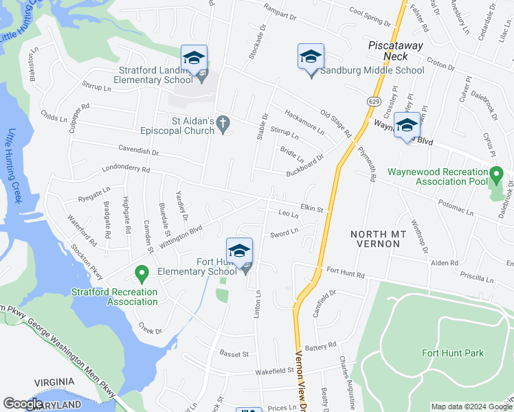 map of restaurants, bars, coffee shops, grocery stores, and more near 8702 Linton Lane in Alexandria