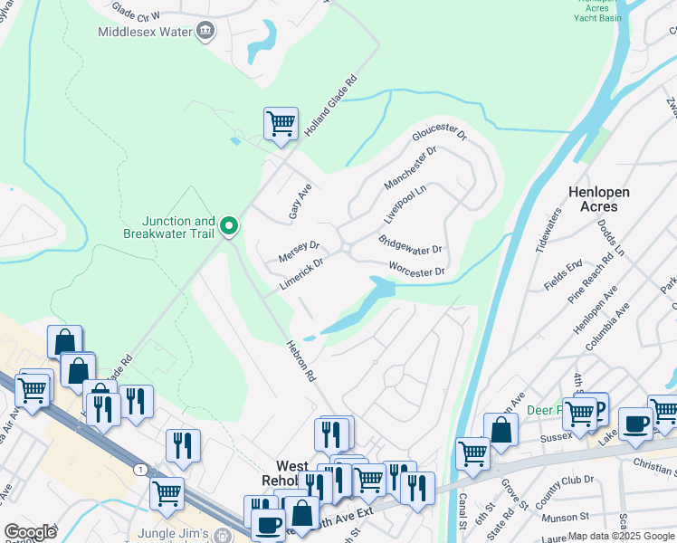map of restaurants, bars, coffee shops, grocery stores, and more near 19384 Mersey Drive in Rehoboth Beach