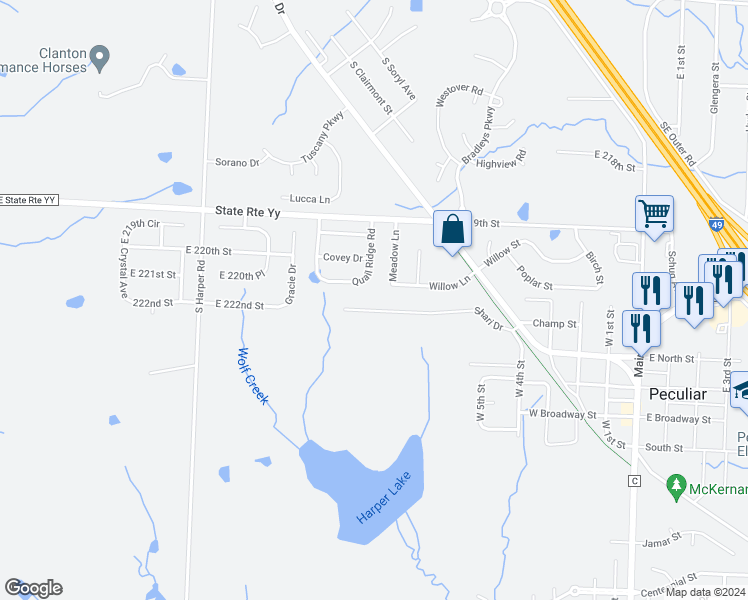 map of restaurants, bars, coffee shops, grocery stores, and more near 223 Shari Drive in Peculiar