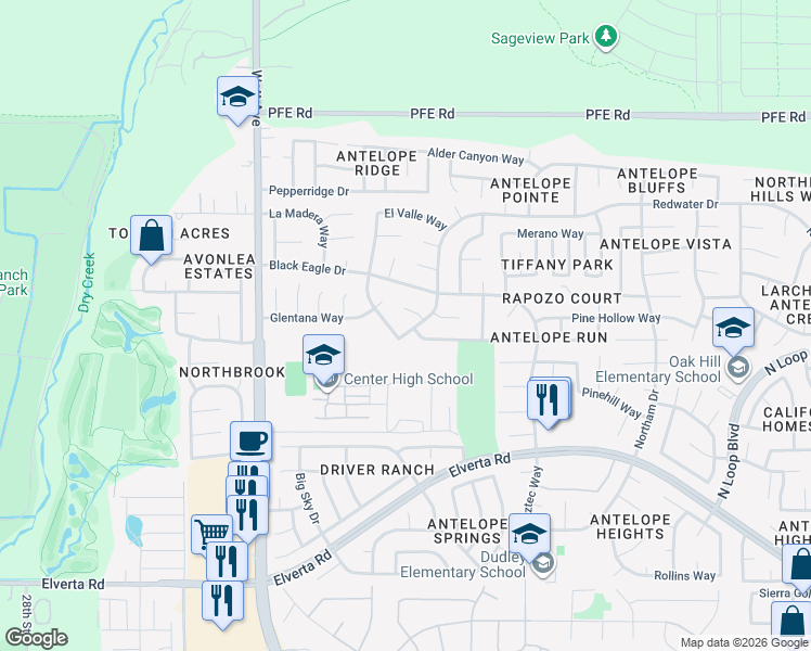 map of restaurants, bars, coffee shops, grocery stores, and more near 3323 Groveland Way in Antelope