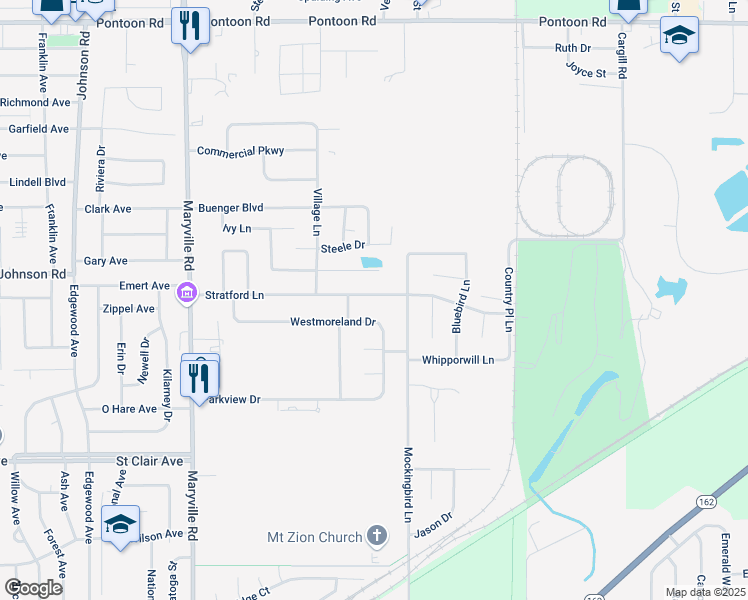 map of restaurants, bars, coffee shops, grocery stores, and more near 2582 Stratford Lane in Granite City