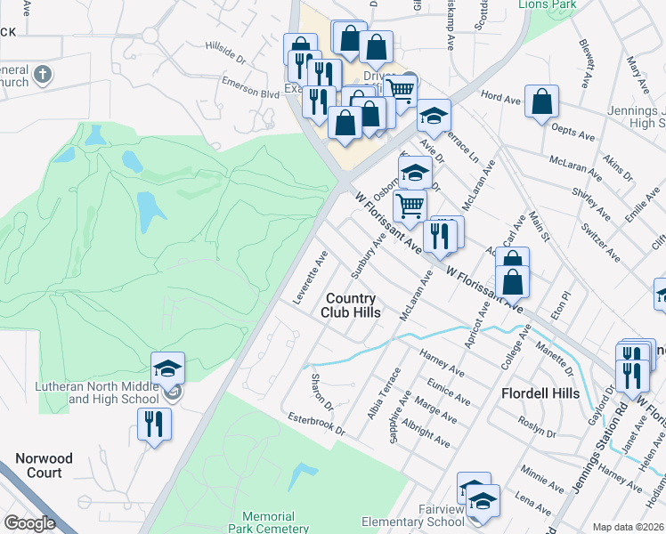 map of restaurants, bars, coffee shops, grocery stores, and more near 5658 Leverette Avenue in St. Louis