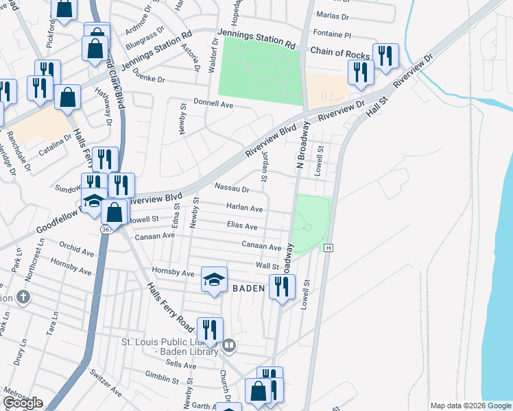 map of restaurants, bars, coffee shops, grocery stores, and more near 863 Harlan Avenue in St. Louis