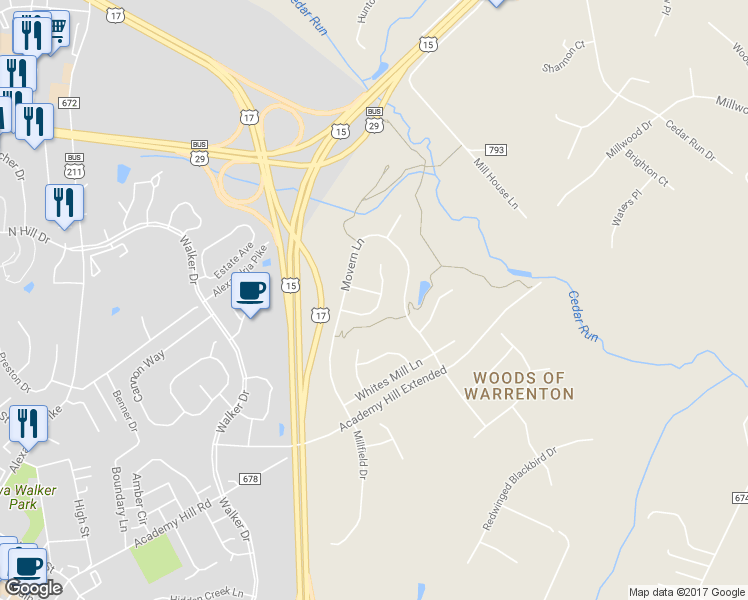 map of restaurants, bars, coffee shops, grocery stores, and more near 6401 Abingdon Place in Warrenton