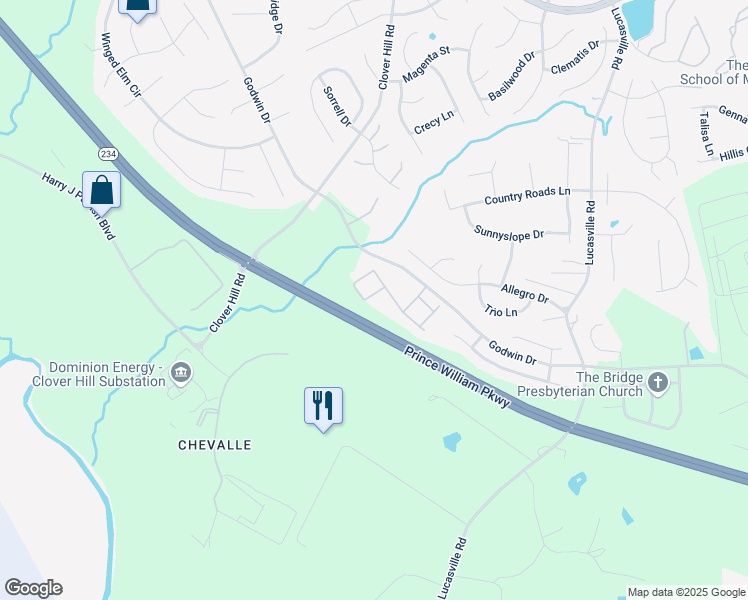 map of restaurants, bars, coffee shops, grocery stores, and more near 9836 Cheshire Ridge Circle in Manassas