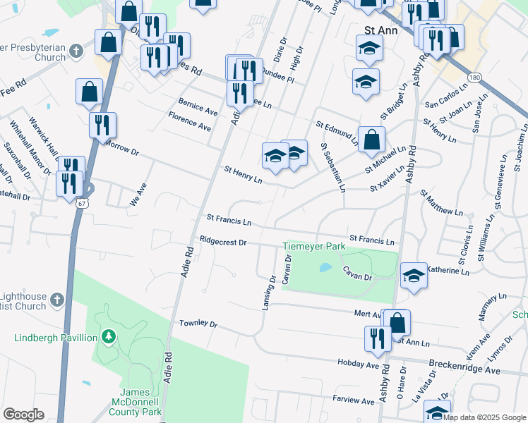 map of restaurants, bars, coffee shops, grocery stores, and more near 10904 Saint Boniface Lane in Saint Ann