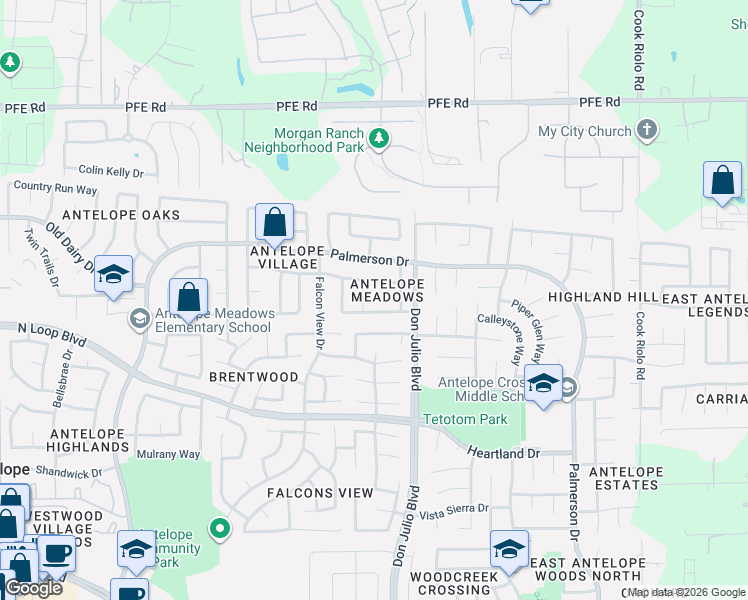 map of restaurants, bars, coffee shops, grocery stores, and more near 8408 Hidden Pass Court in Antelope