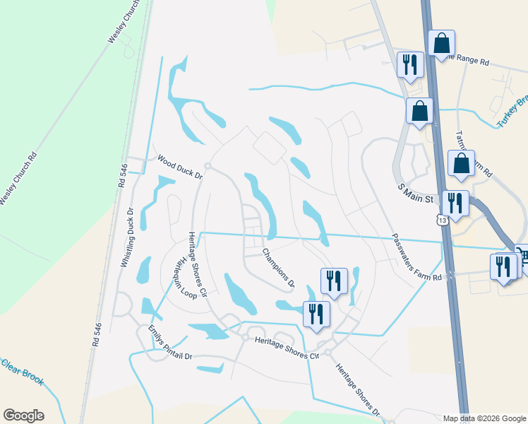 map of restaurants, bars, coffee shops, grocery stores, and more near 145 Champions Drive in Bridgeville