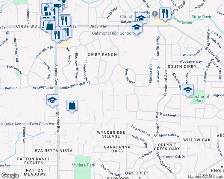 map of restaurants, bars, coffee shops, grocery stores, and more near 1407 Shetland Court in Roseville