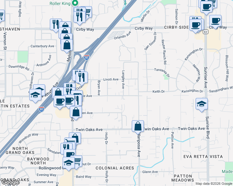 map of restaurants, bars, coffee shops, grocery stores, and more near 103 Langley Avenue in Roseville