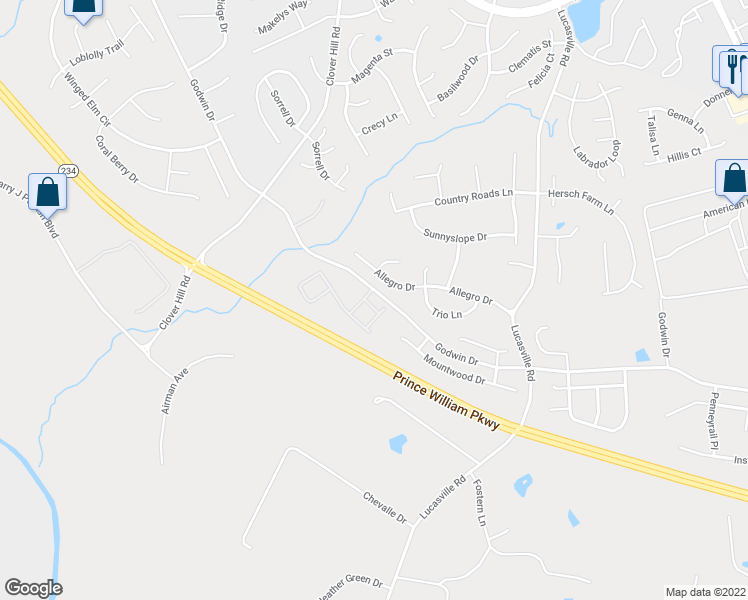 map of restaurants, bars, coffee shops, grocery stores, and more near 9612 Normanton Way in Manassas