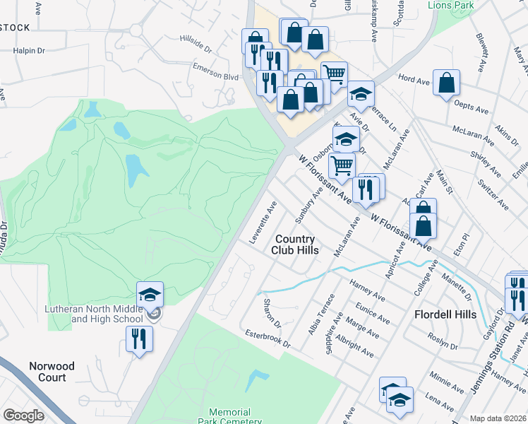map of restaurants, bars, coffee shops, grocery stores, and more near 5658 Leverette Avenue in St. Louis