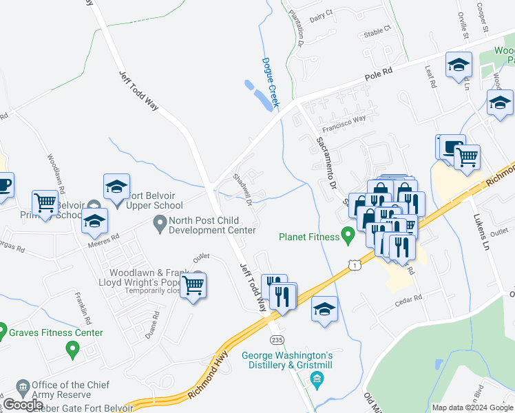 map of restaurants, bars, coffee shops, grocery stores, and more near 5703 Shadwell Court in Alexandria