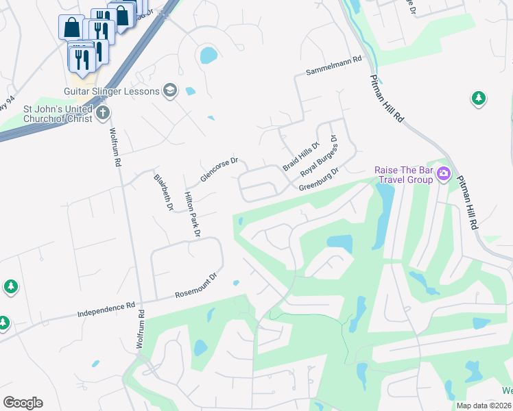 map of restaurants, bars, coffee shops, grocery stores, and more near 5052 Castle Douglas Drive in Saint Peters