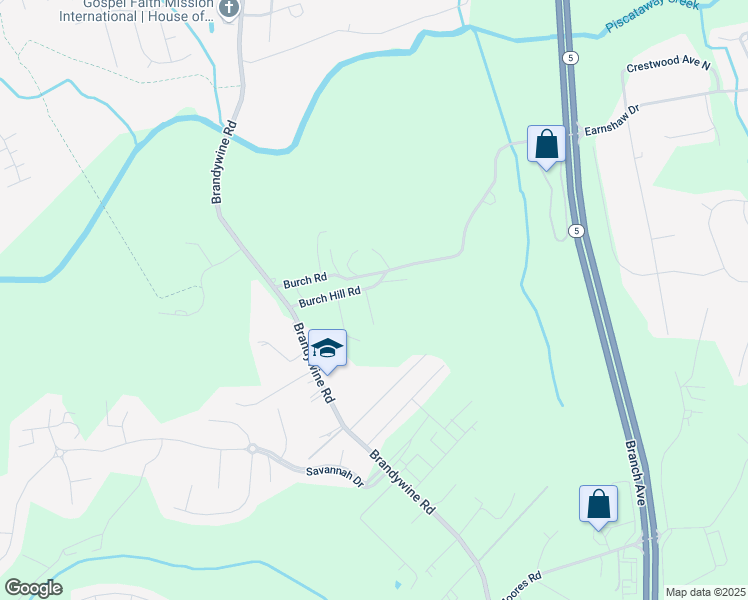 map of restaurants, bars, coffee shops, grocery stores, and more near 6707A Burch Hill Road in Brandywine