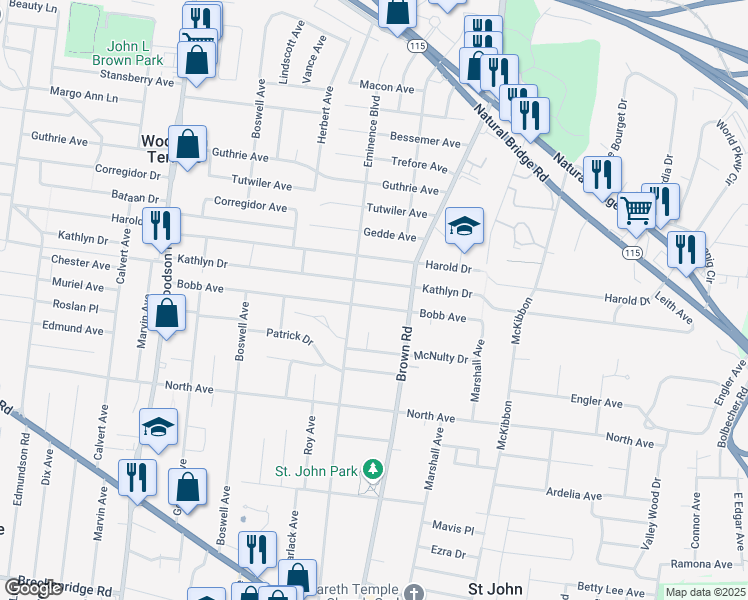 map of restaurants, bars, coffee shops, grocery stores, and more near 8933 Bobb Avenue in Saint Louis