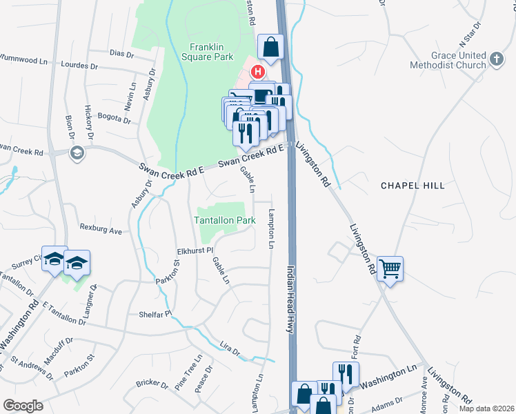map of restaurants, bars, coffee shops, grocery stores, and more near 12400 Gable Ln in Fort Washington