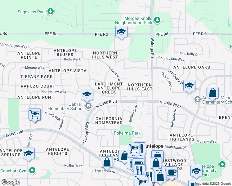 map of restaurants, bars, coffee shops, grocery stores, and more near 8323 Story Ridge Way in Antelope