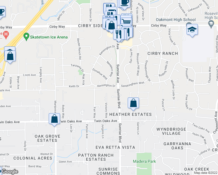 map of restaurants, bars, coffee shops, grocery stores, and more near 1032 Kensington Drive in Roseville