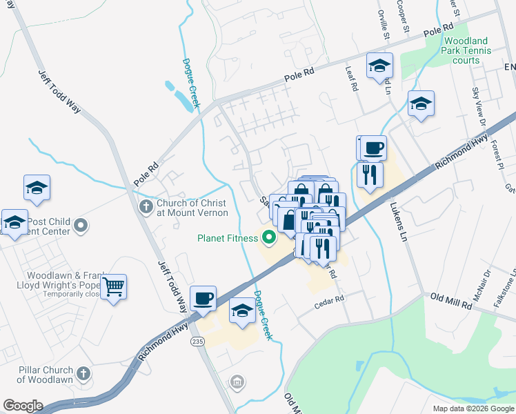 map of restaurants, bars, coffee shops, grocery stores, and more near 8781 Village Green Court in Alexandria