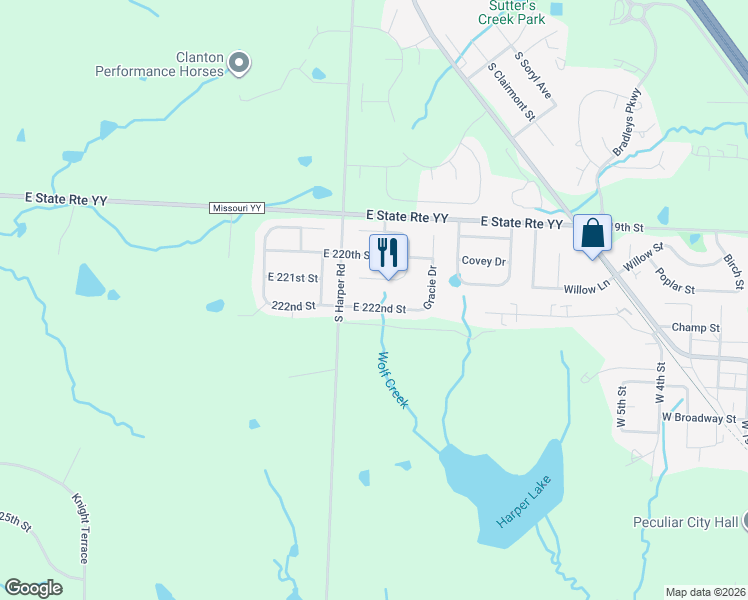 map of restaurants, bars, coffee shops, grocery stores, and more near 10104 East 222nd Street in Peculiar