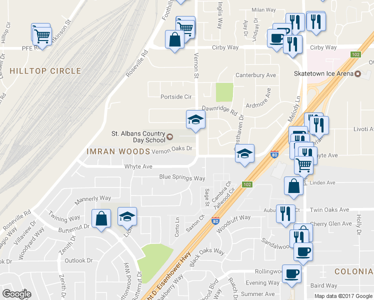 map of restaurants, bars, coffee shops, grocery stores, and more near 607 Vernon Oaks Drive in Roseville