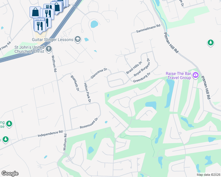 map of restaurants, bars, coffee shops, grocery stores, and more near 5052 Castle Douglas Drive in St. Peters