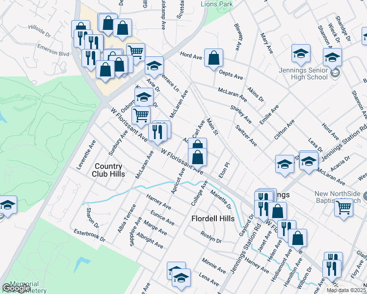 map of restaurants, bars, coffee shops, grocery stores, and more near 8326 Carl Avenue in Jennings