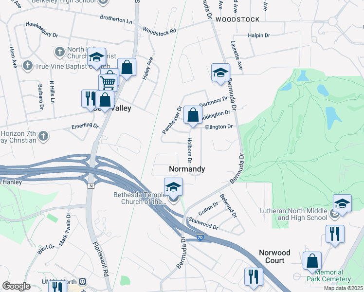 map of restaurants, bars, coffee shops, grocery stores, and more near 7812 Atherstone Drive in St. Louis
