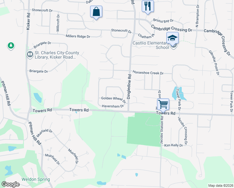 map of restaurants, bars, coffee shops, grocery stores, and more near 2 Golden Wheat Court in Saint Charles