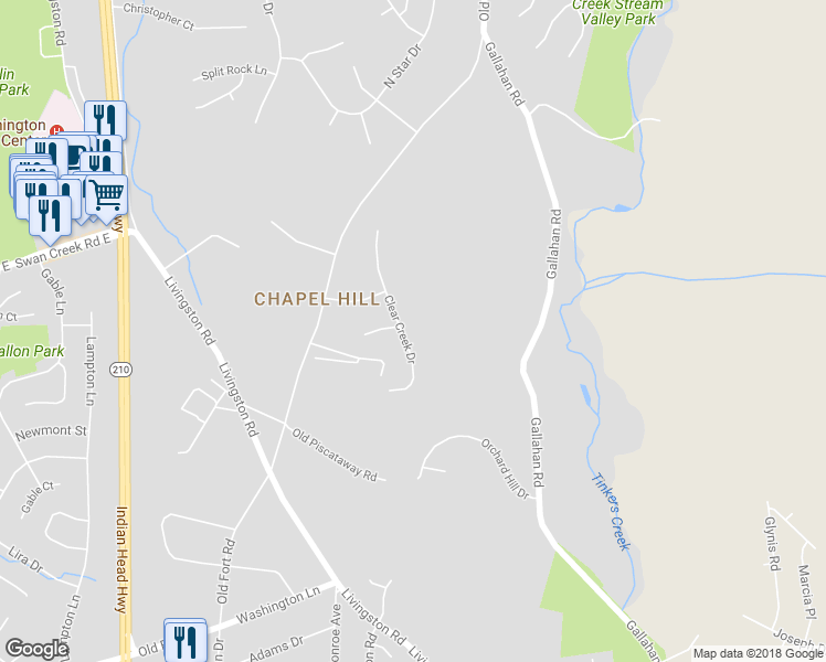 map of restaurants, bars, coffee shops, grocery stores, and more near 12200 Clear Creek Drive in Fort Washington