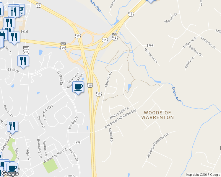 map of restaurants, bars, coffee shops, grocery stores, and more near 6407 Abingdon Place in Warrenton