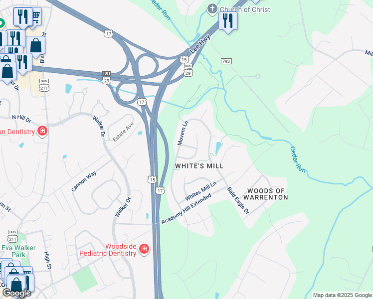 map of restaurants, bars, coffee shops, grocery stores, and more near 6407 Abingdon Place in Warrenton