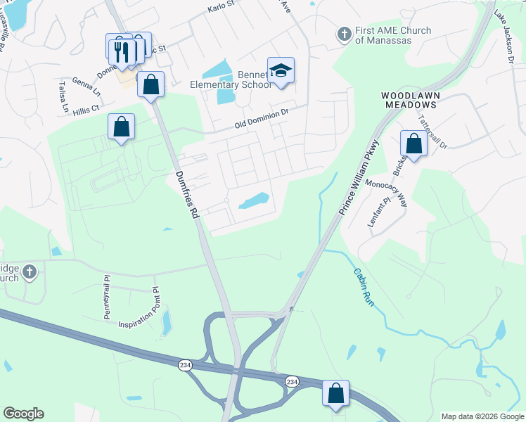 map of restaurants, bars, coffee shops, grocery stores, and more near 10714 Hinton Way in Manassas