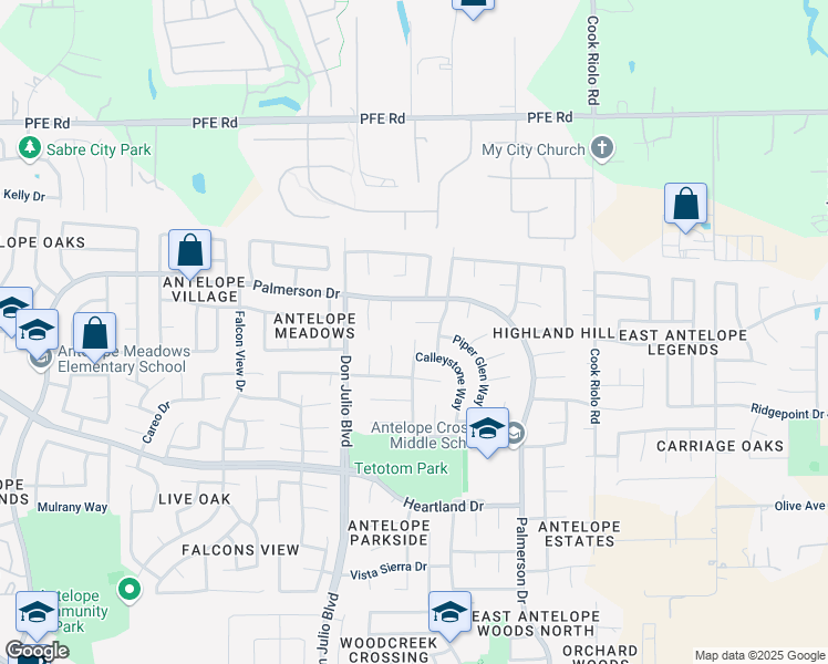 map of restaurants, bars, coffee shops, grocery stores, and more near 5206 Crown Ridge Court in Antelope