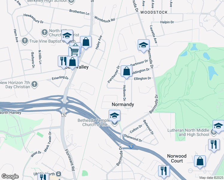 map of restaurants, bars, coffee shops, grocery stores, and more near 7824 Atherstone Drive in St. Louis