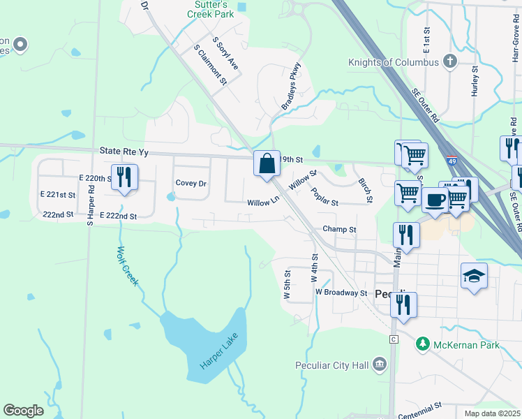 map of restaurants, bars, coffee shops, grocery stores, and more near 615 Willow Lane in Peculiar