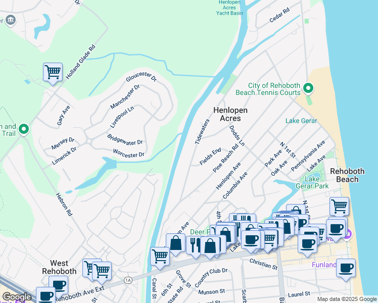 map of restaurants, bars, coffee shops, grocery stores, and more near 77 Tidewaters in Rehoboth Beach
