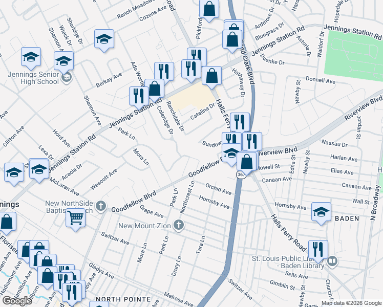 map of restaurants, bars, coffee shops, grocery stores, and more near 1823 Coleridge Drive in Jennings