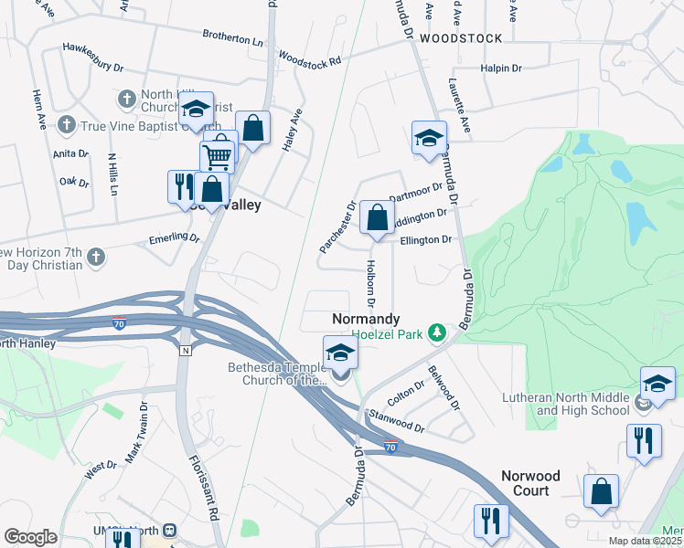 map of restaurants, bars, coffee shops, grocery stores, and more near 7824 Atherstone Drive in St. Louis