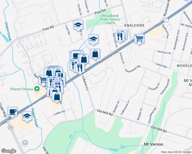 map of restaurants, bars, coffee shops, grocery stores, and more near 8640 Walutes Circle in Alexandria